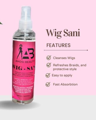 WIG-SANI: Innovative product. Relieves discomfort of Wig wear, itchy scalp. Sanitizes, Refreshes, cleans, detangles Wigs, Hair Extensions, Braids, Weaves. Made with natural ingredients